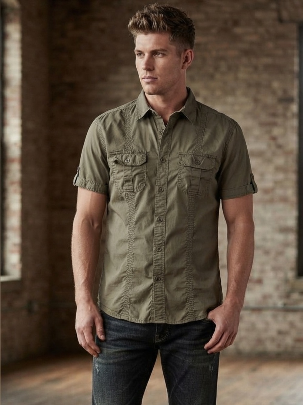 POINT ZERO Men's Olive Green Button-Up Shirt Size M